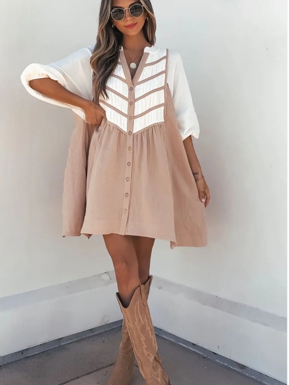 Promesa Beige Mini Tunic Dress 100% Cotton Women Size S